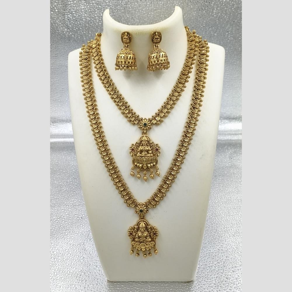 Joyful Jewel Art Matte Gold Plated Pota Stone And Pearl Temple Double Necklace Set
