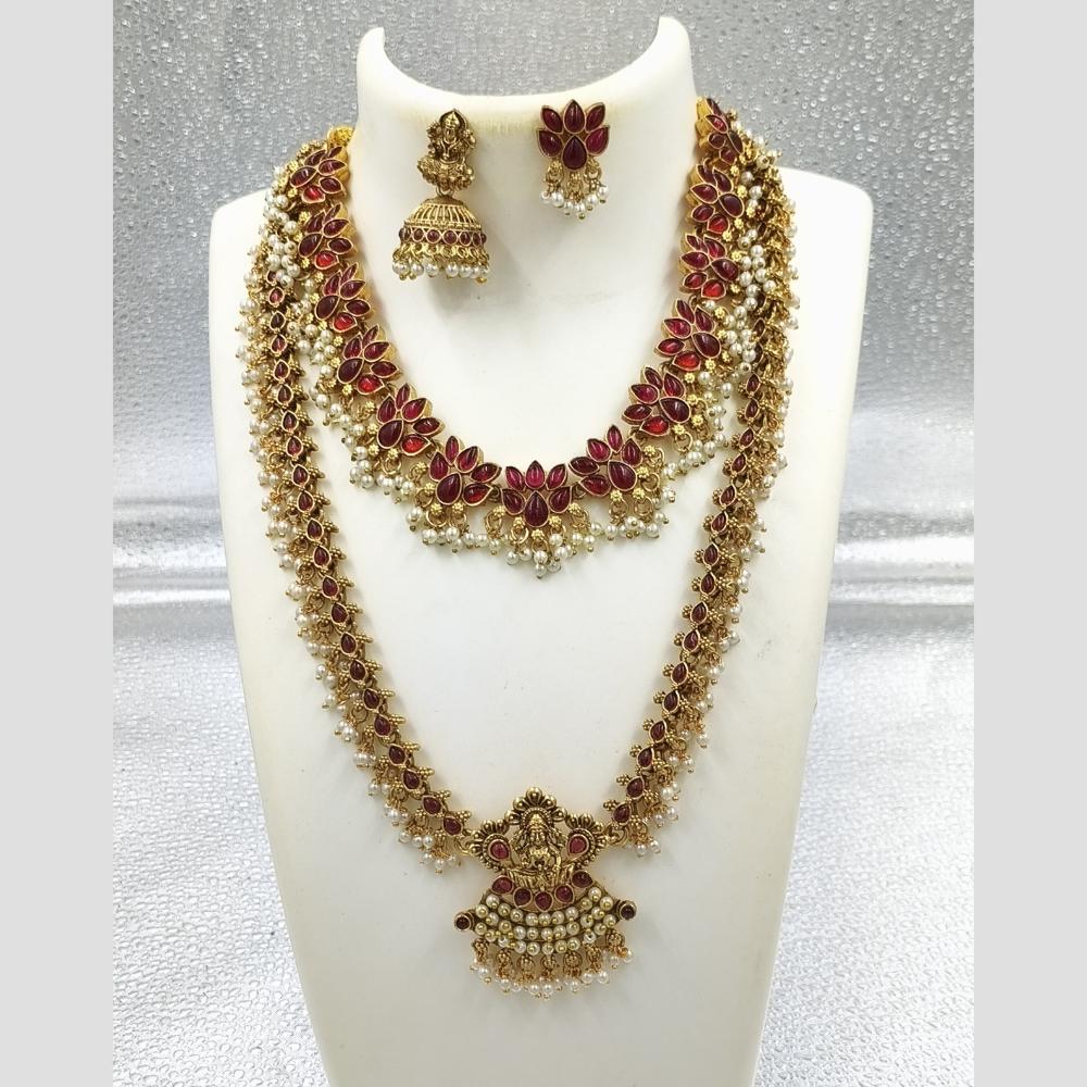 Joyful Jewel Art Matte Gold Plated Pota Stone And Pearl Temple Double Necklace Set