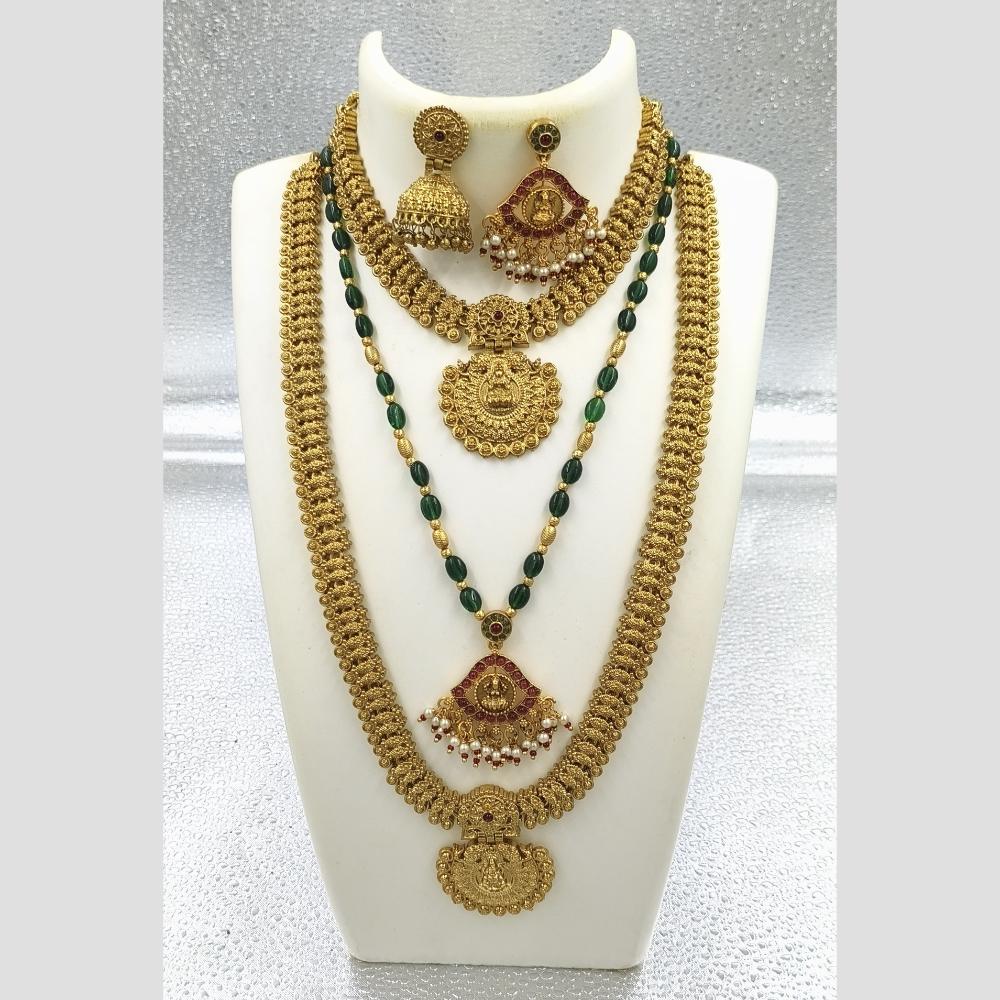 Joyful Jewel Art Matte Gold Plated Pota Stone And Pearls Temple Combo Necklace Set