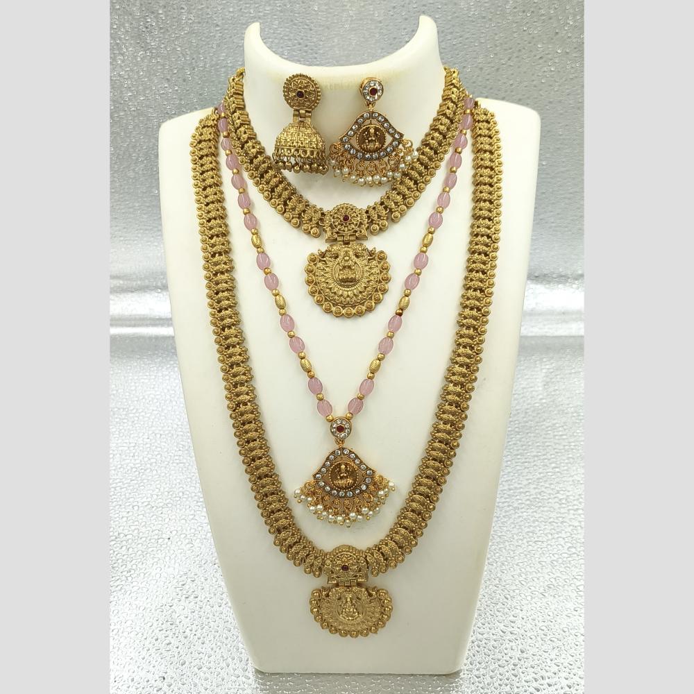 Joyful Jewel Art Matte Gold Plated Pota Stone And Pearls Temple Combo Necklace Set