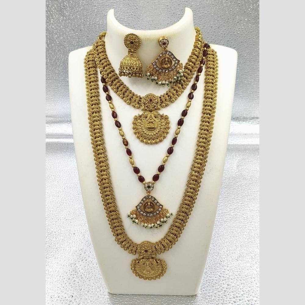 Joyful Jewel Art Matte Gold Plated Pota Stone And Pearls Temple Combo Necklace Set