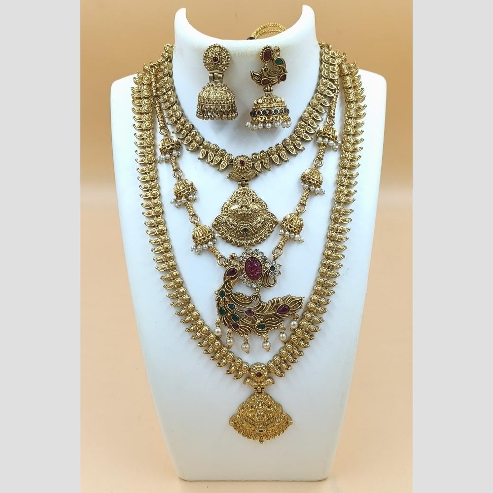 Joyful Jewel Art Matte Gold Plated Pota Stone And Pearls Temple Combo Necklace Set
