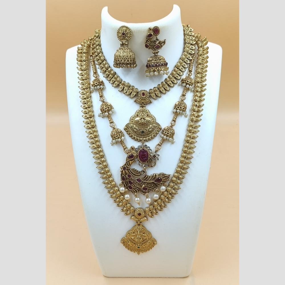 Joyful Jewel Art Matte Gold Plated Pota Stone And Pearls Temple Combo Necklace Set