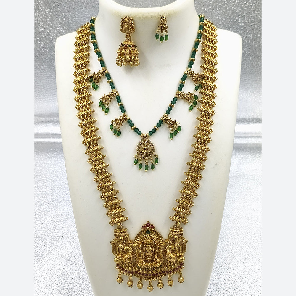 Joyful Jewel Art Matte Gold Plated Pota Stone And Pearl Temple Double Necklace Set
