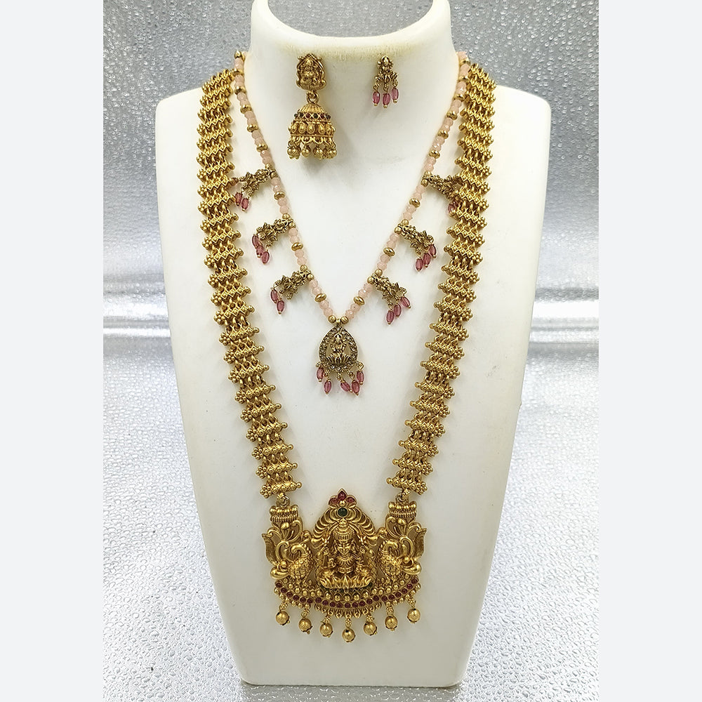 Joyful Jewel Art Matte Gold Plated Pota Stone And Pearl Temple Double Necklace Set