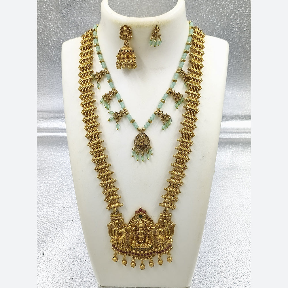 Joyful Jewel Art Matte Gold Plated Pota Stone And Pearl Temple Double Necklace Set