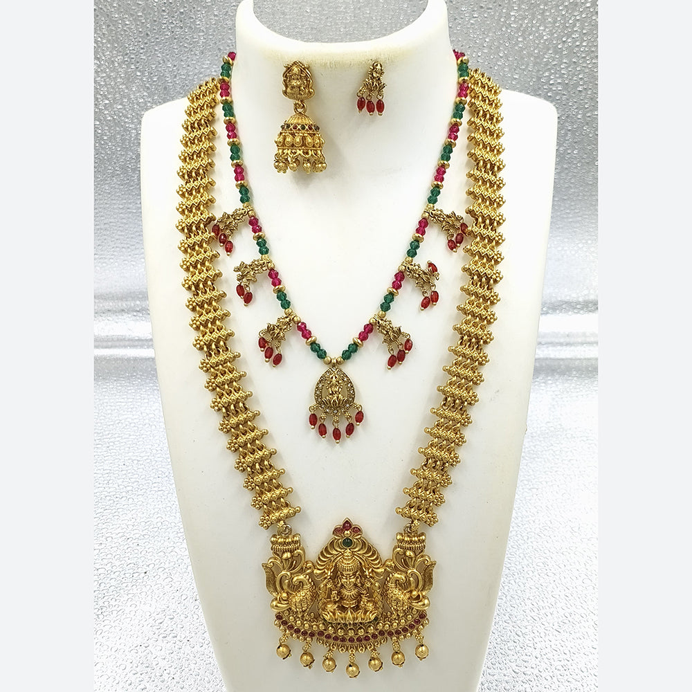 Joyful Jewel Art Matte Gold Plated Pota Stone And Pearl Temple Double Necklace Set