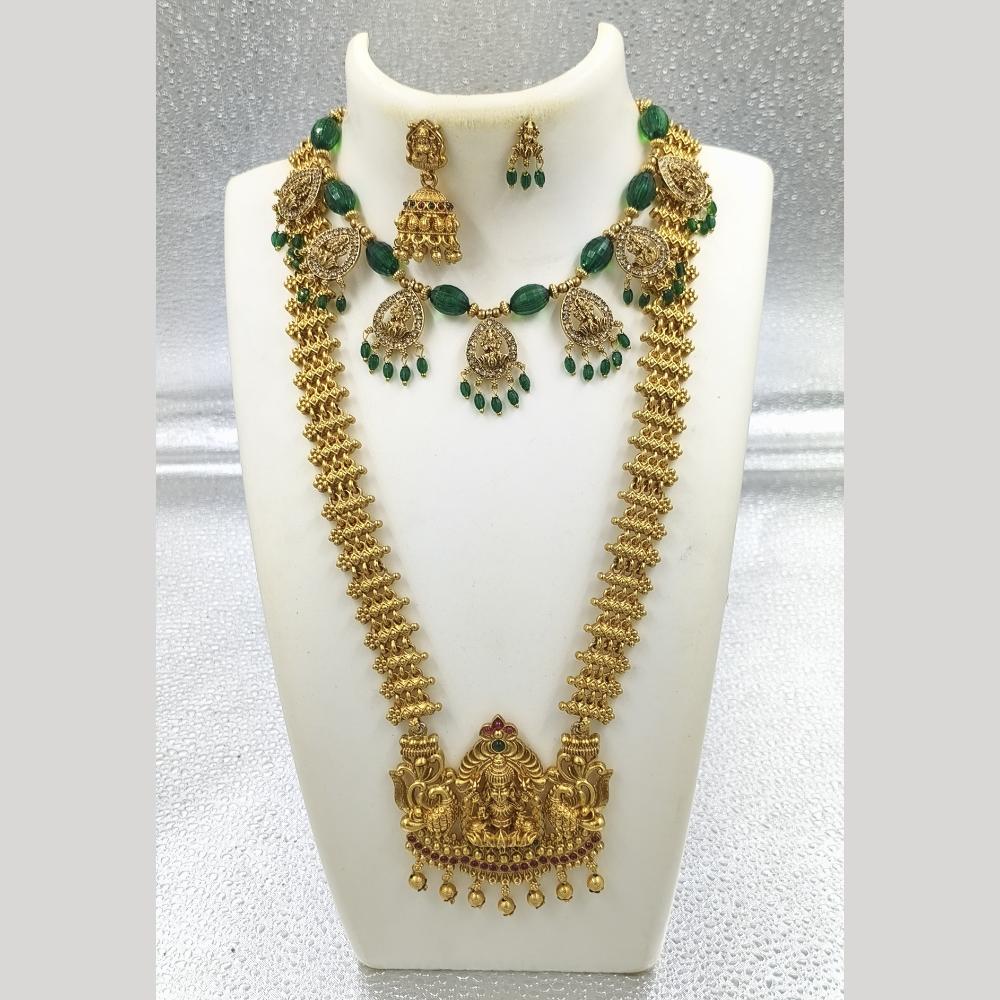 Joyful Jewel Art Matte Gold Plated Pota Stone And Pearl Temple Double Necklace Set