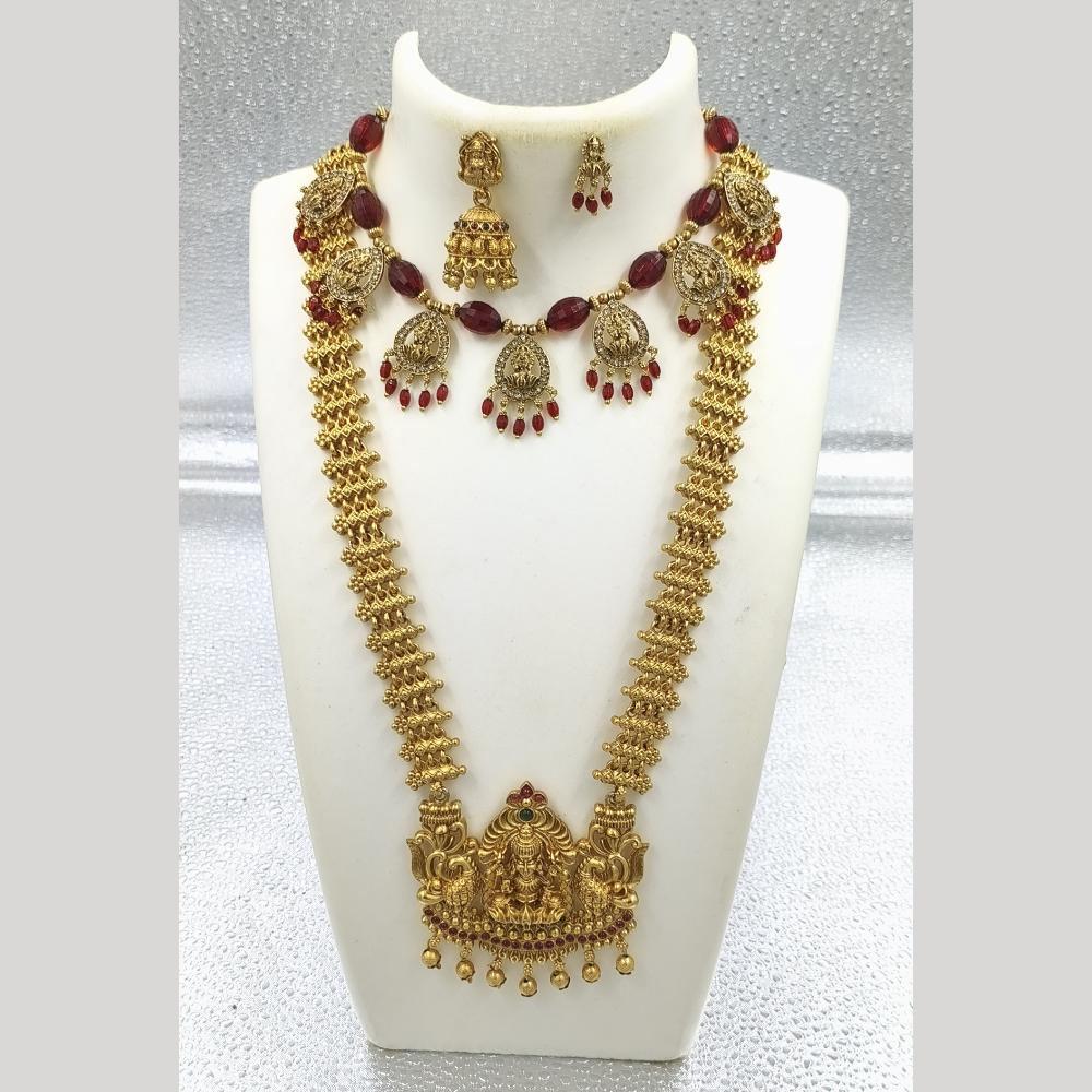 Joyful Jewel Art Matte Gold Plated Pota Stone And Pearl Temple Double Necklace Set
