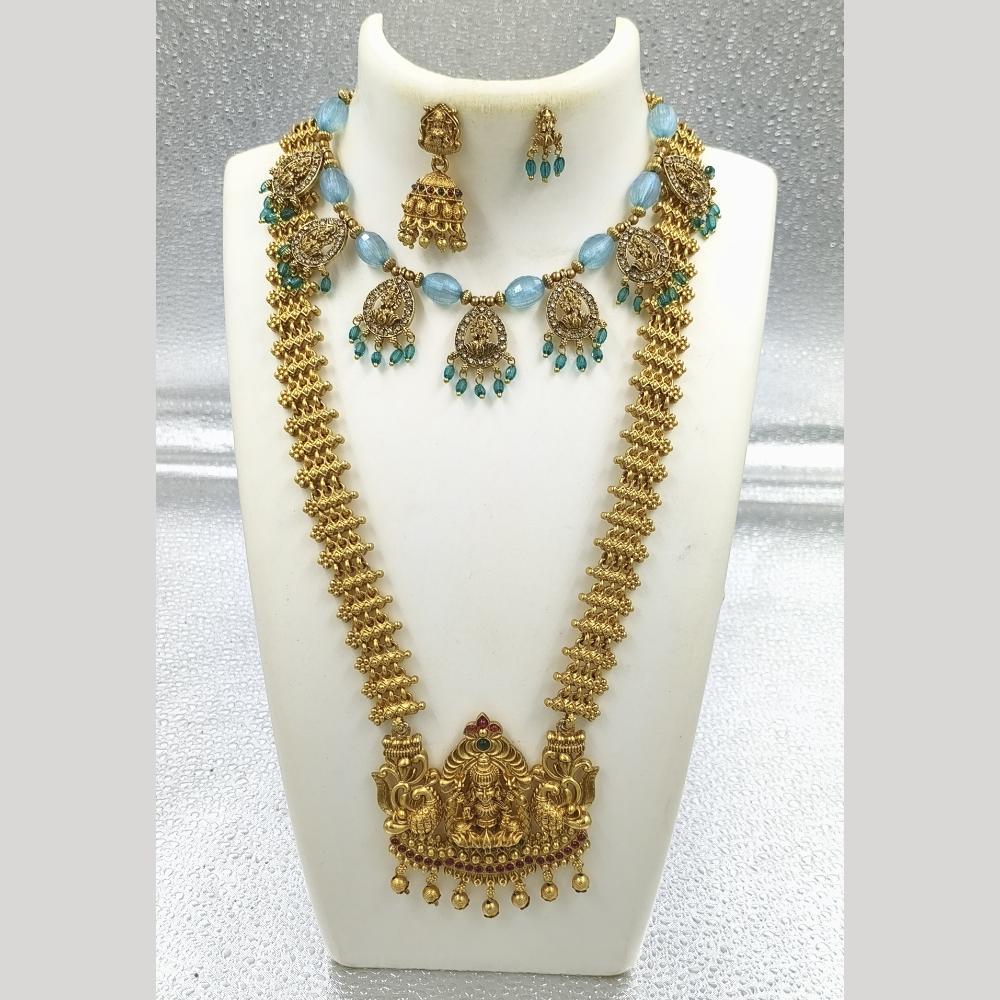 Joyful Jewel Art Matte Gold Plated Pota Stone And Pearl Temple Double Necklace Set