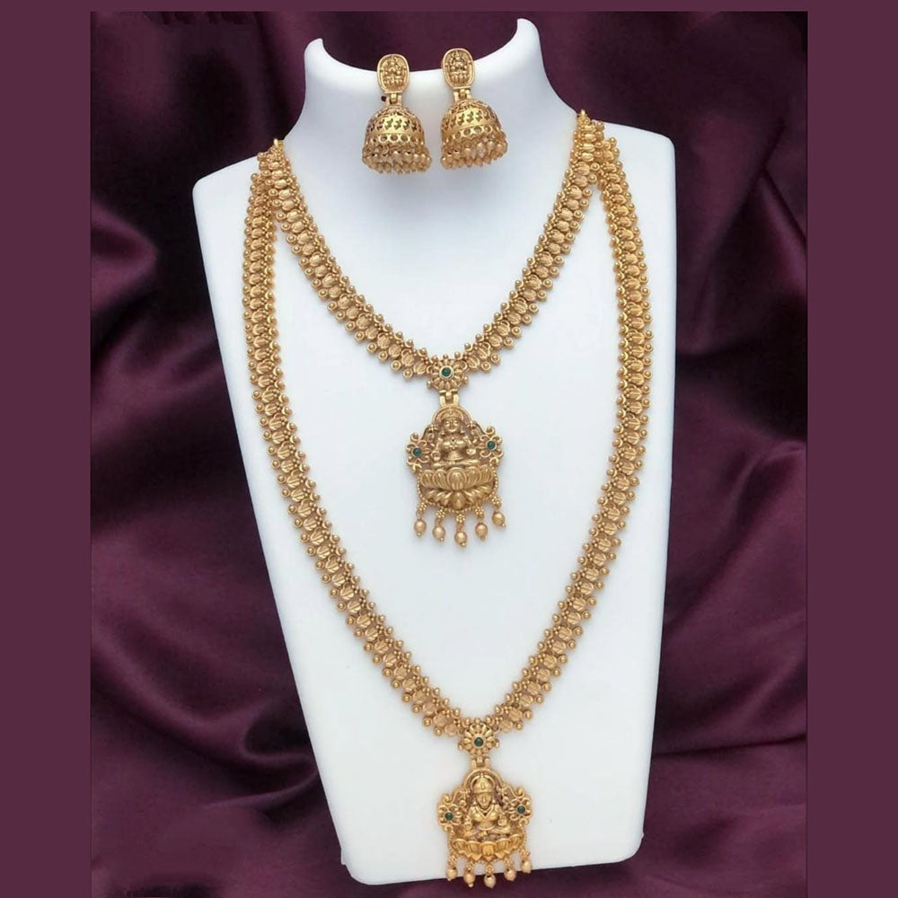 Joyful Jewel Art Matte Gold Plated Pota Stone And Pearl Temple Double Necklace Set