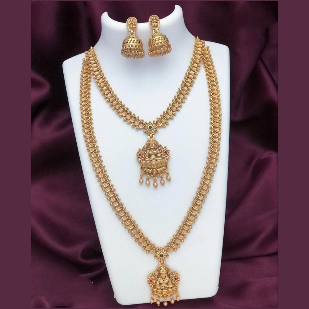 Joyful Jewel Art Matte Gold Plated Pota Stone And Pearl Temple Double Necklace Set