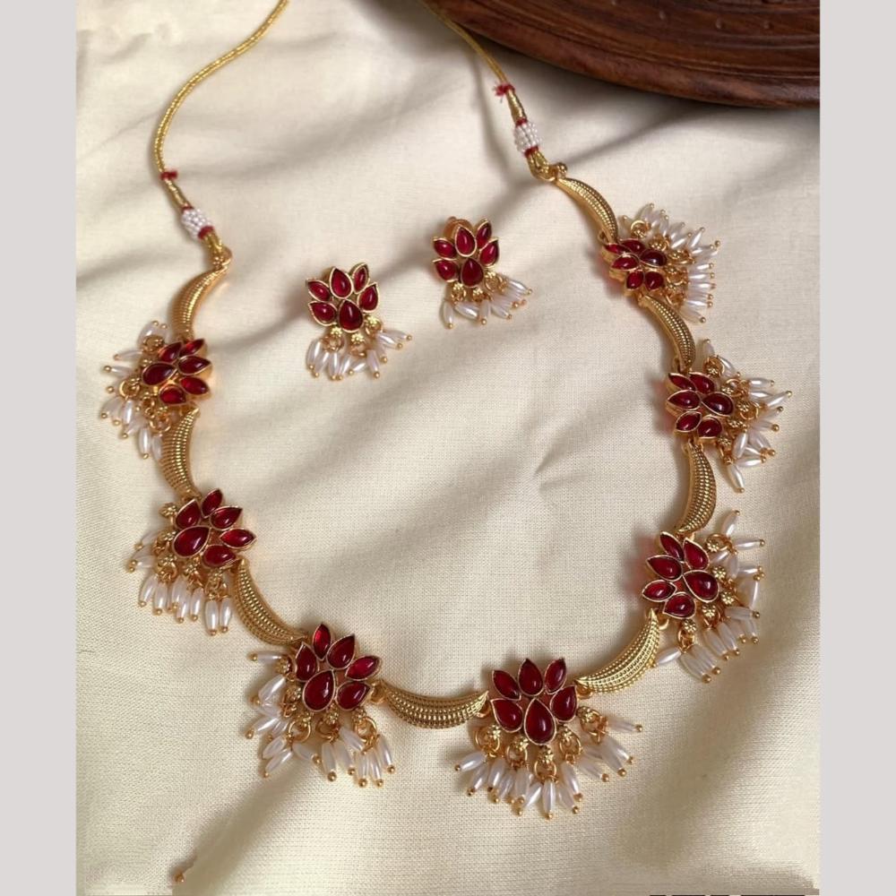 Joyful Jewel Art Matte Gold Plated Pota Stone And Pearl Necklace Set