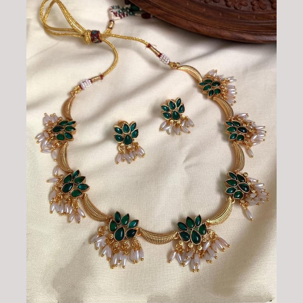 Joyful Jewel Art Matte Gold Plated Pota Stone And Pearl Necklace Set