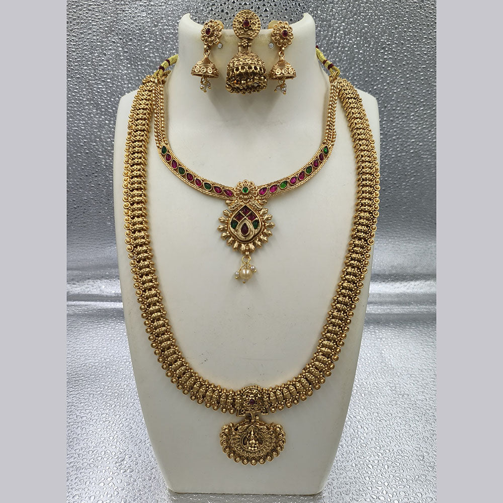 Joyful Jewel Art Matte Gold Plated Pota Stone And Pearl Temple Double Necklace Set