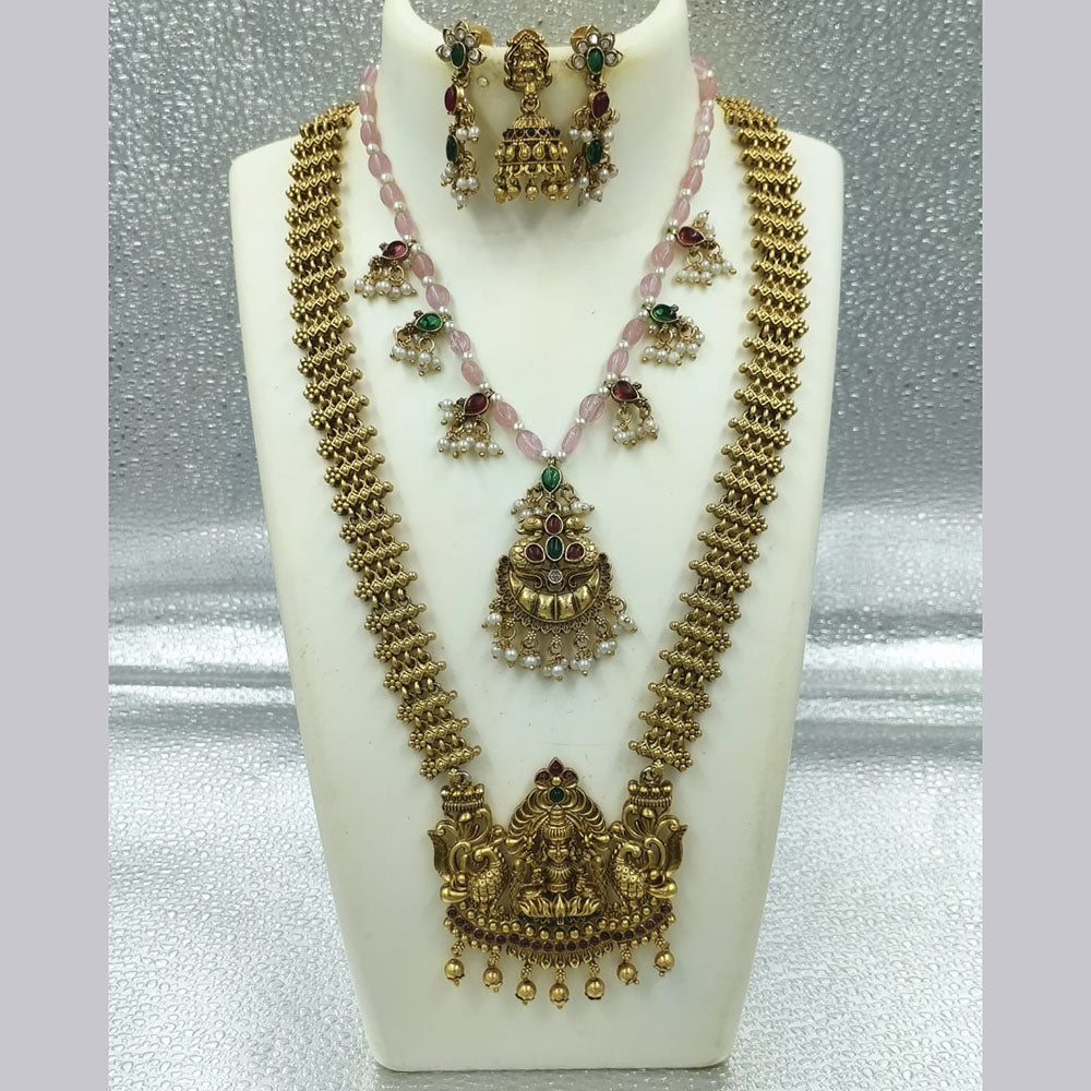 Joyful Jewel Art Matte Gold Plated Pota Stone And Pearl Temple Double Necklace Set