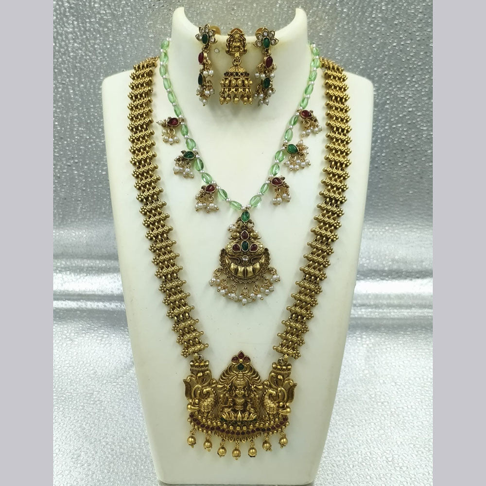 Joyful Jewel Art Matte Gold Plated Pota Stone And Pearl Temple Double Necklace Set