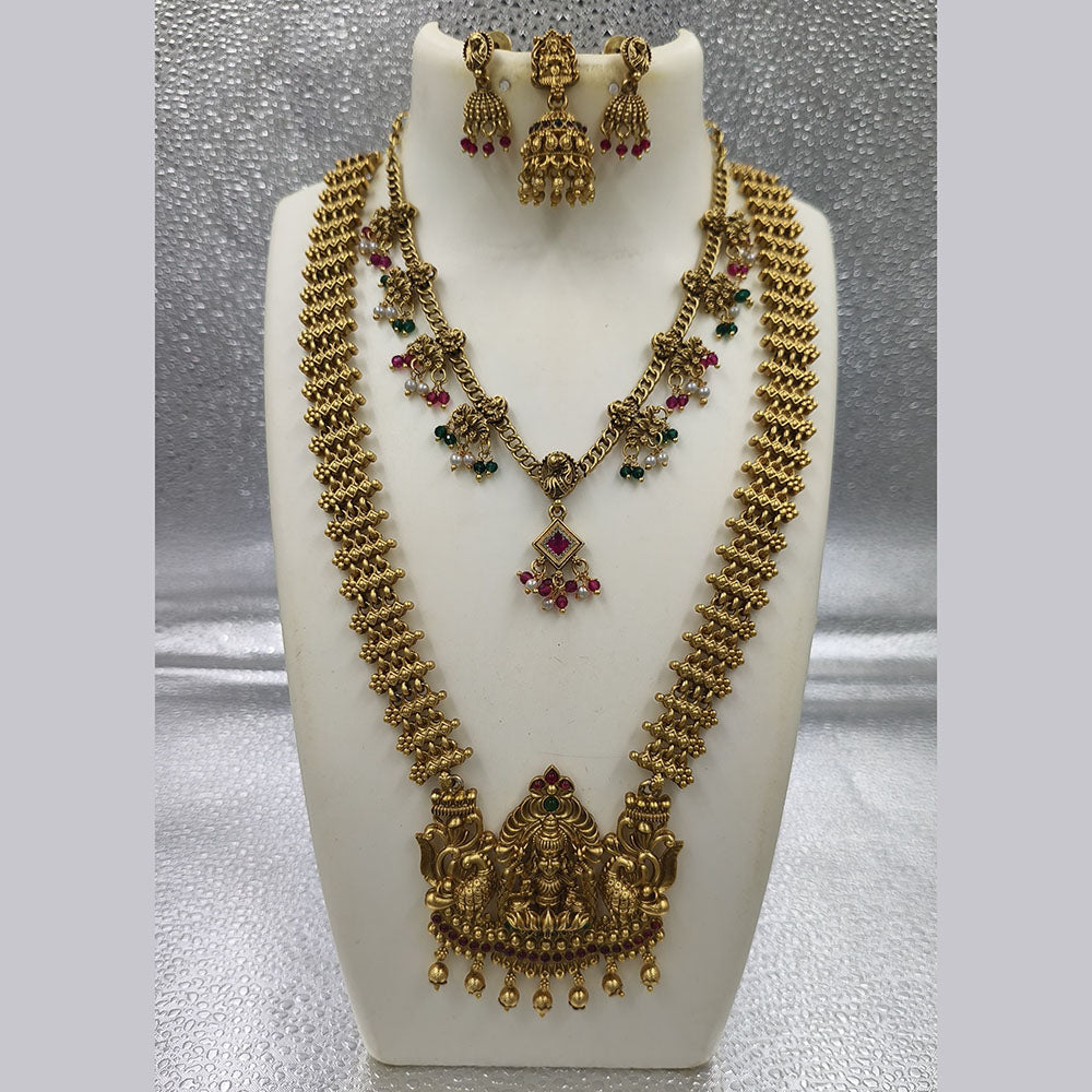Joyful Jewel Art Matte Gold Plated Pota Stone And Pearl Temple Double Necklace Set