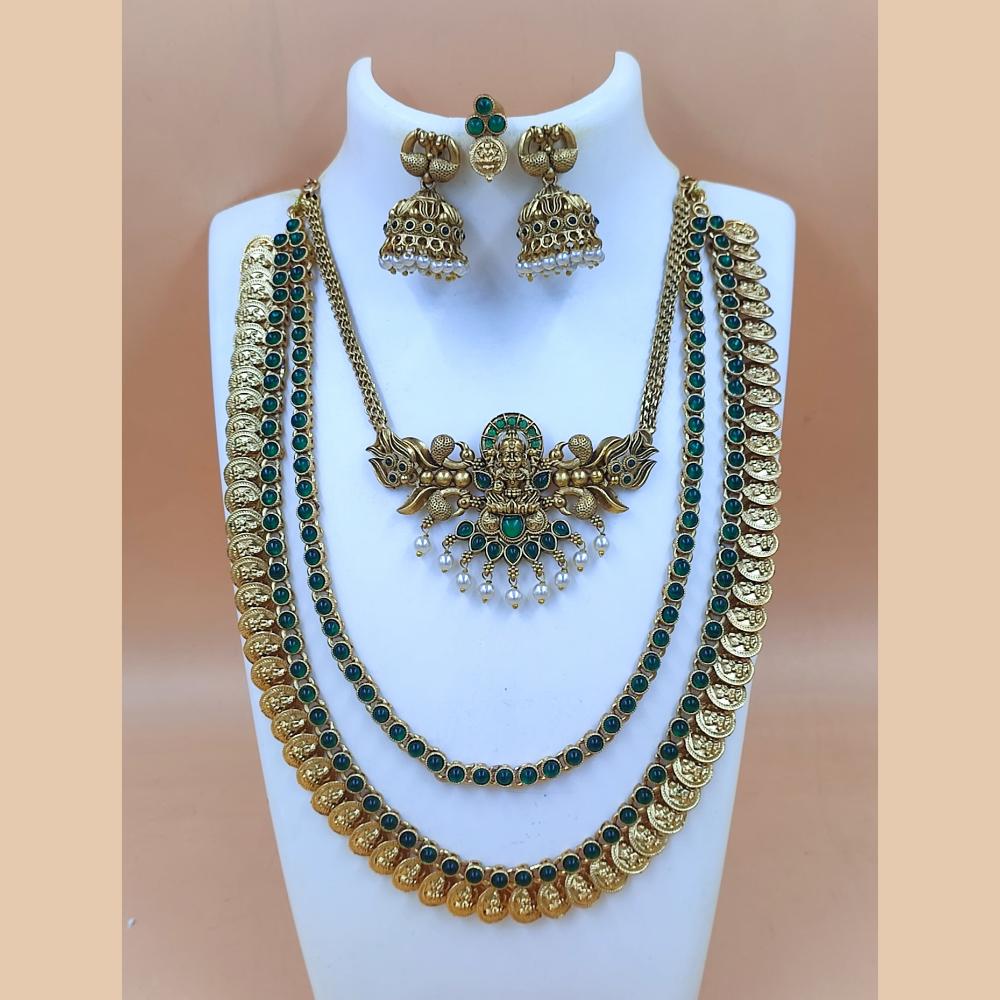 Joyful Jewel Art Matte Gold Plated Pota Stone And Pearl Temple Double Necklace Set
