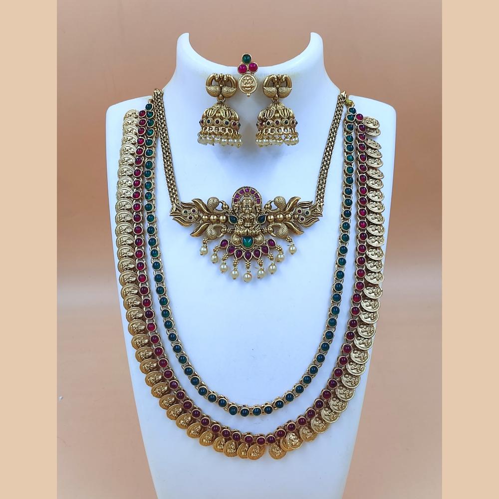 Joyful Jewel Art Matte Gold Plated Pota Stone And Pearl Temple Double Necklace Set
