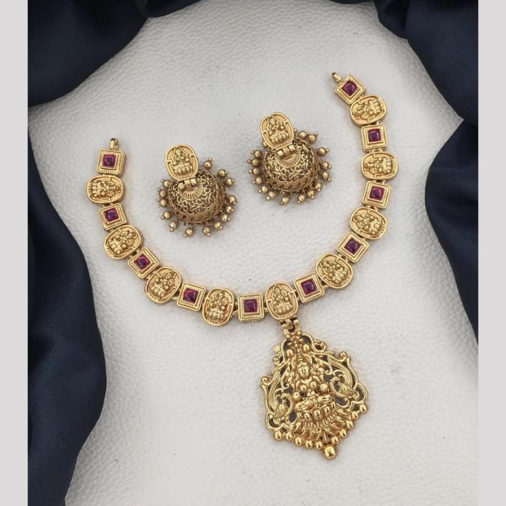 Joyful Jewel Art Matte Gold Plated Pota Stone Temple Necklace Set