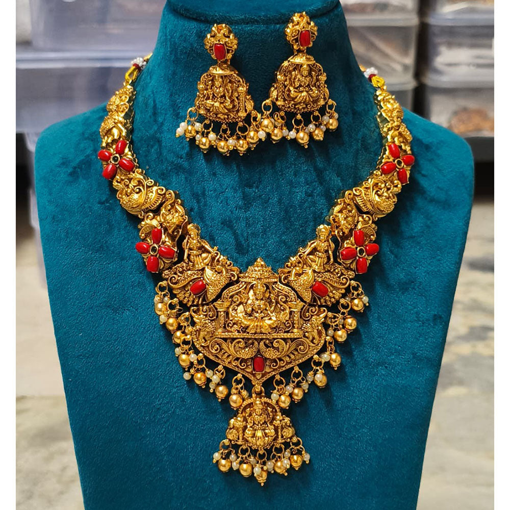 Joyful Jewel Art Matte Royal Pota Stone And Pearl Temple Necklace Set
