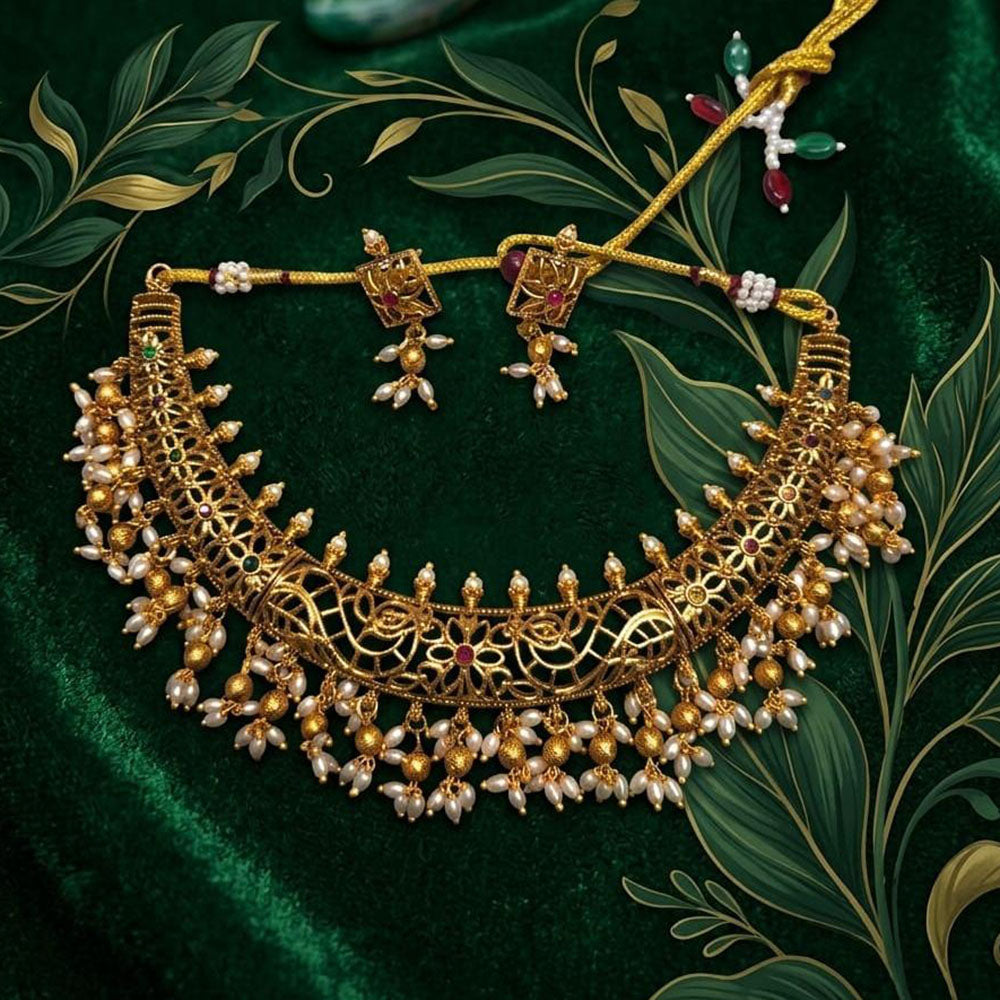 Joyful Jewel Art Traditional Matte Pota Stone And Pearl Necklace Set