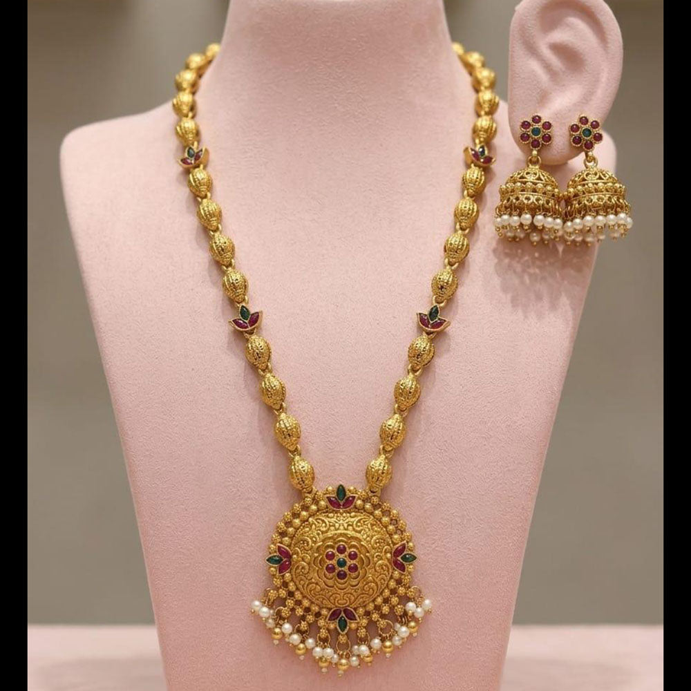 Joyful Jewel Art Traditional Matte Pota Stone And Pearl Long Necklace Set