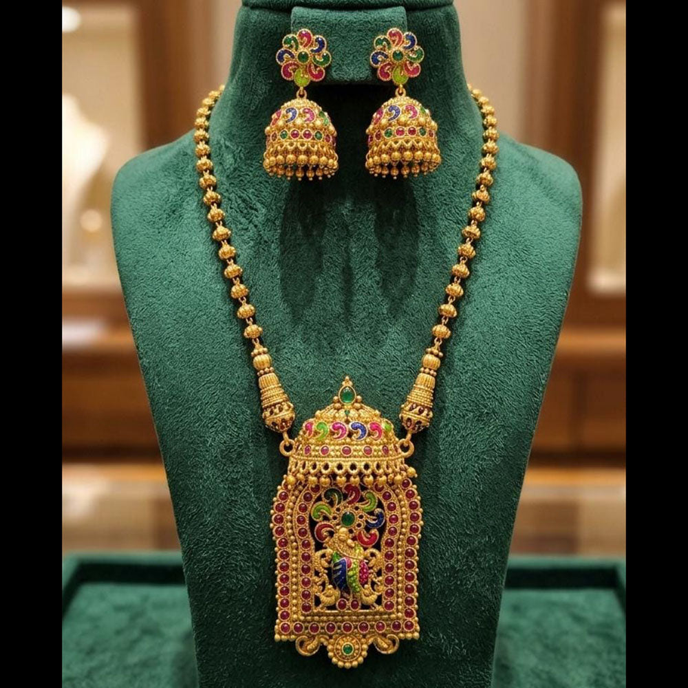 Joyful Jewel Art Traditional Matte Pota Stone And Pearl Temple Long Necklace Set