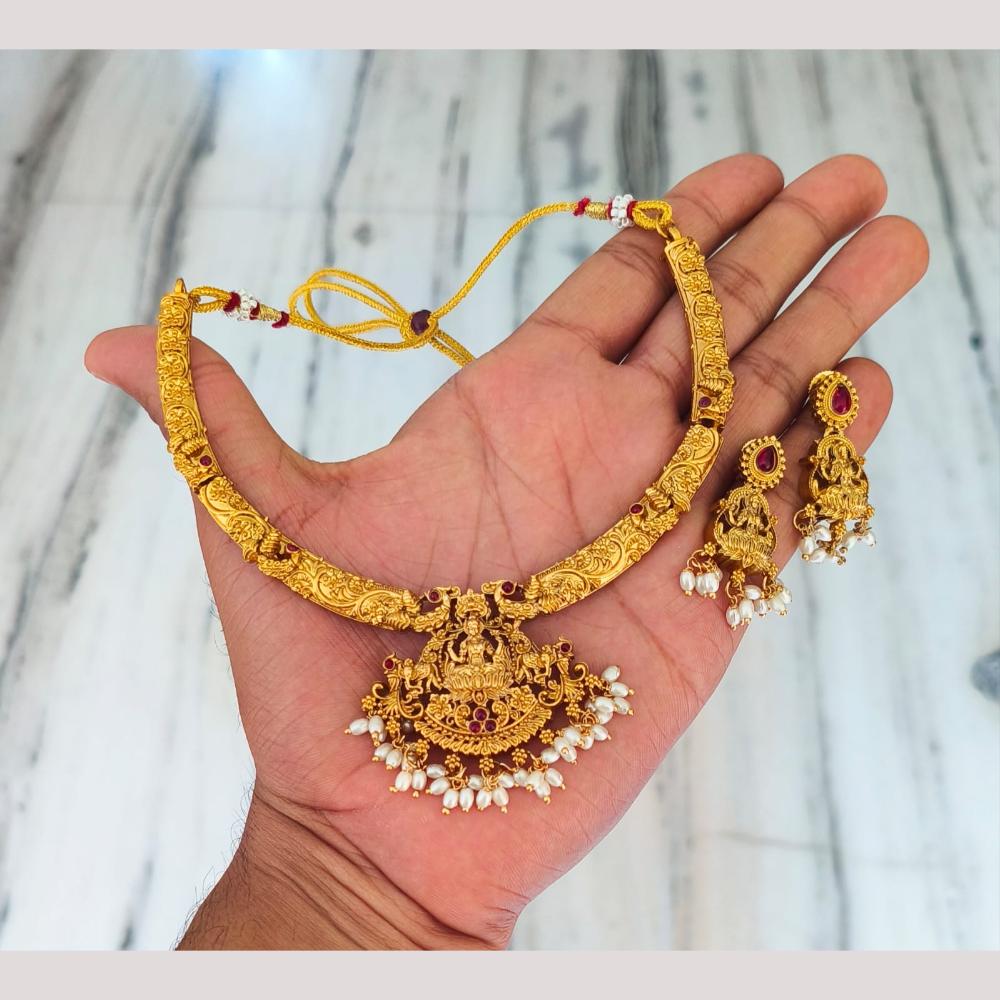 Joyful Jewel Art Traditional Matte Pota Stone And Pearl Temple Necklace Set