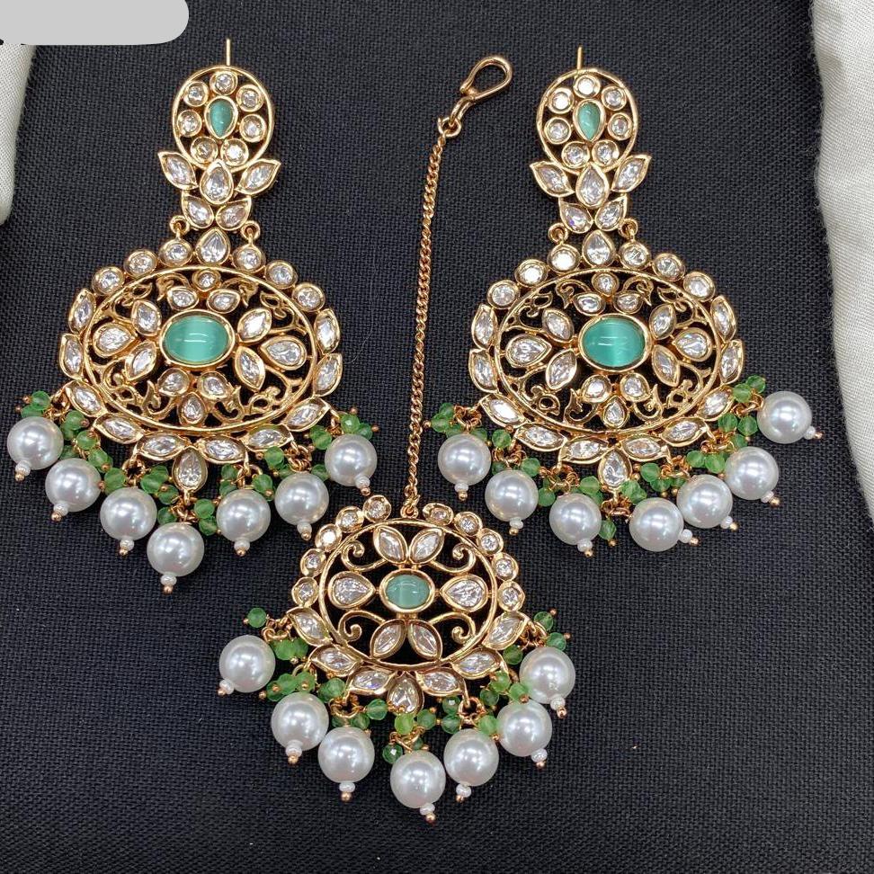 Amoliya Jewels Gold Plated Polki Kundan And Pearl Dangler Earrings With Mangtikka