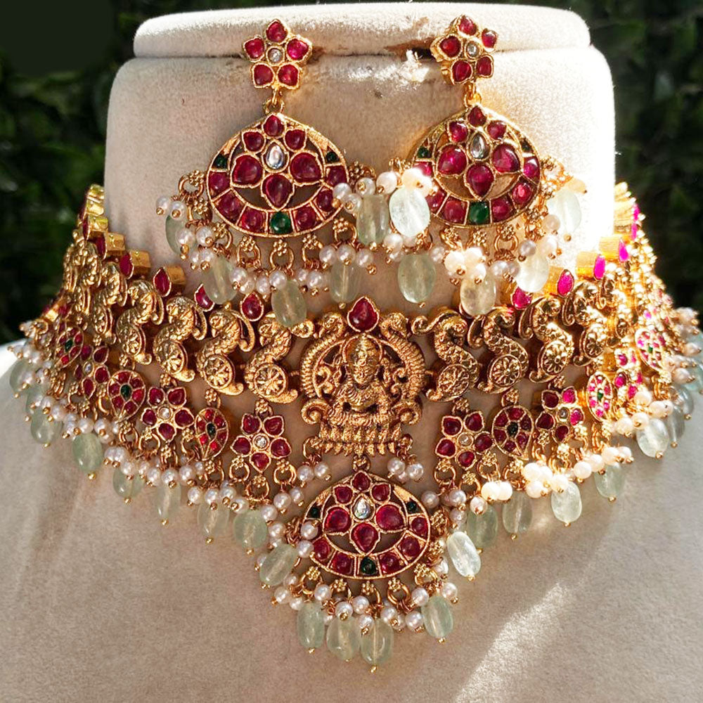 Amoliya Jewels Gold Plated Kundan Stone And Pearls Choker Necklace Set