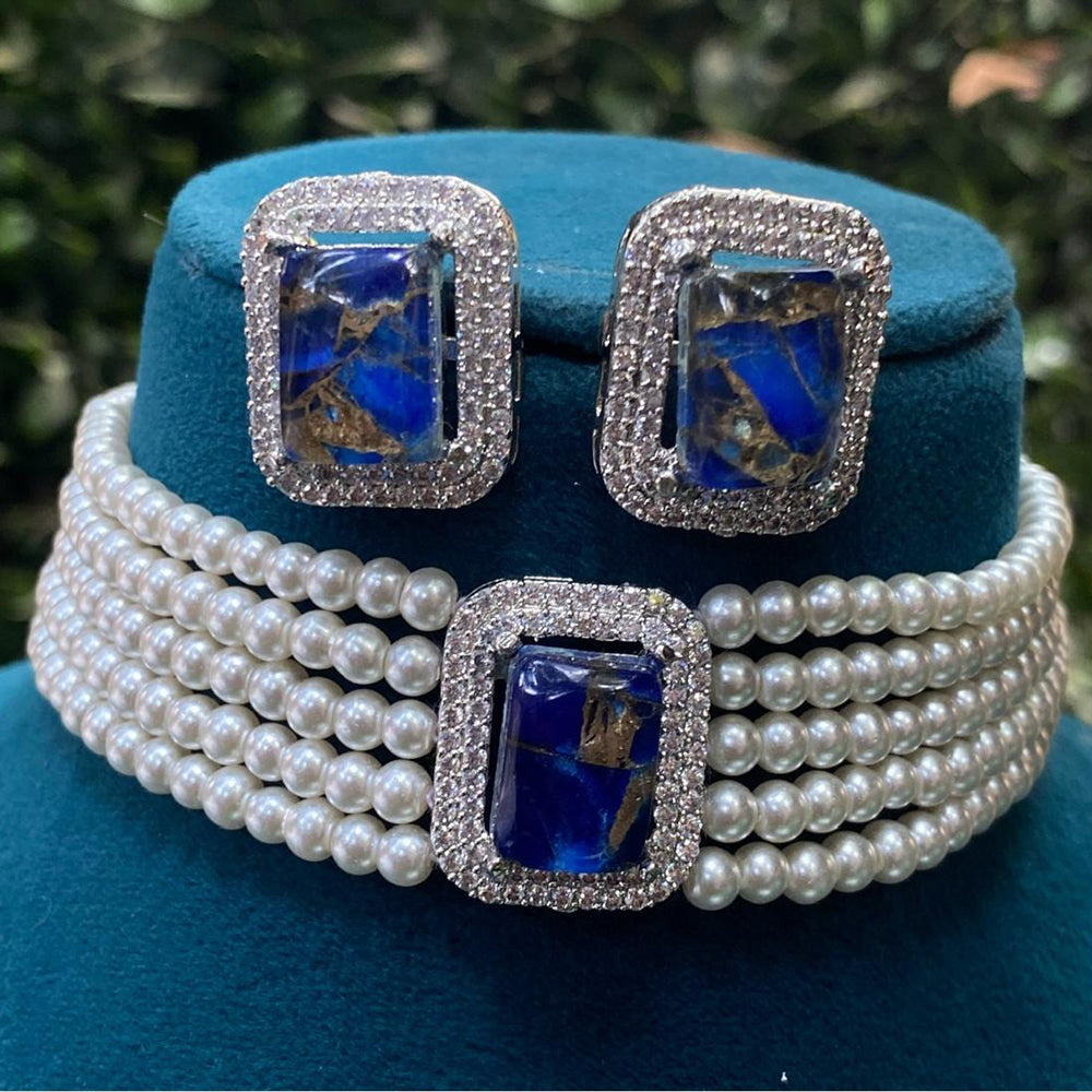 Amoliya Jewels Silver Plated Druzy Crystal Stone And Pearls Choker Necklace Set