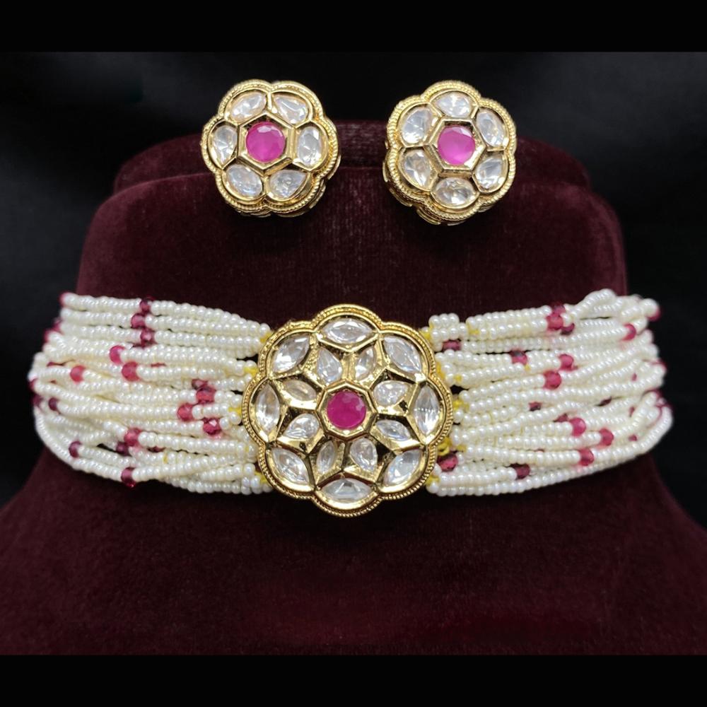Amoliya Jewels Gold Plated Polki Kundan And Pearls Choker Necklace Set