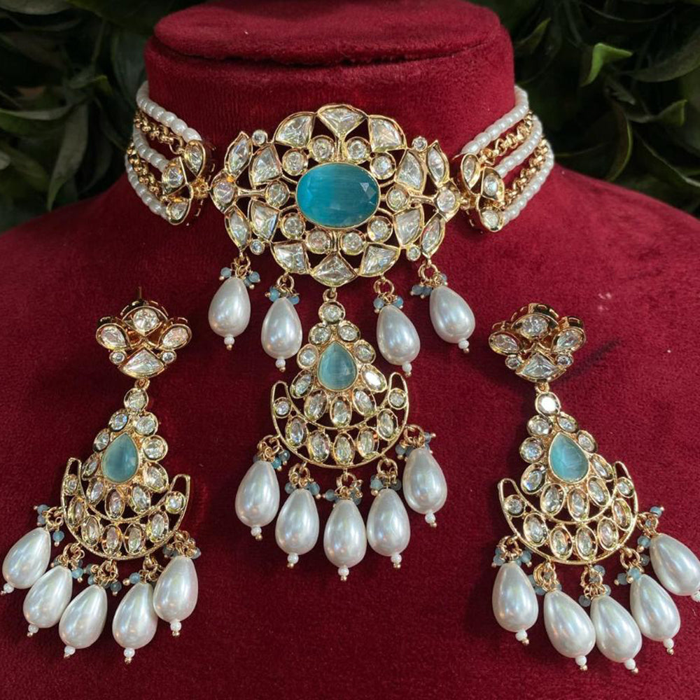 Amoliya Jewels Gold Plated Polki Kundan And Pearls Choker Necklace Set