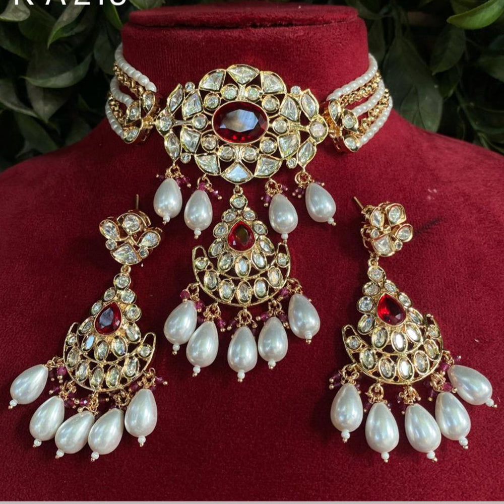 Amoliya Jewels Gold Plated Polki Kundan And Pearls Choker Necklace Set
