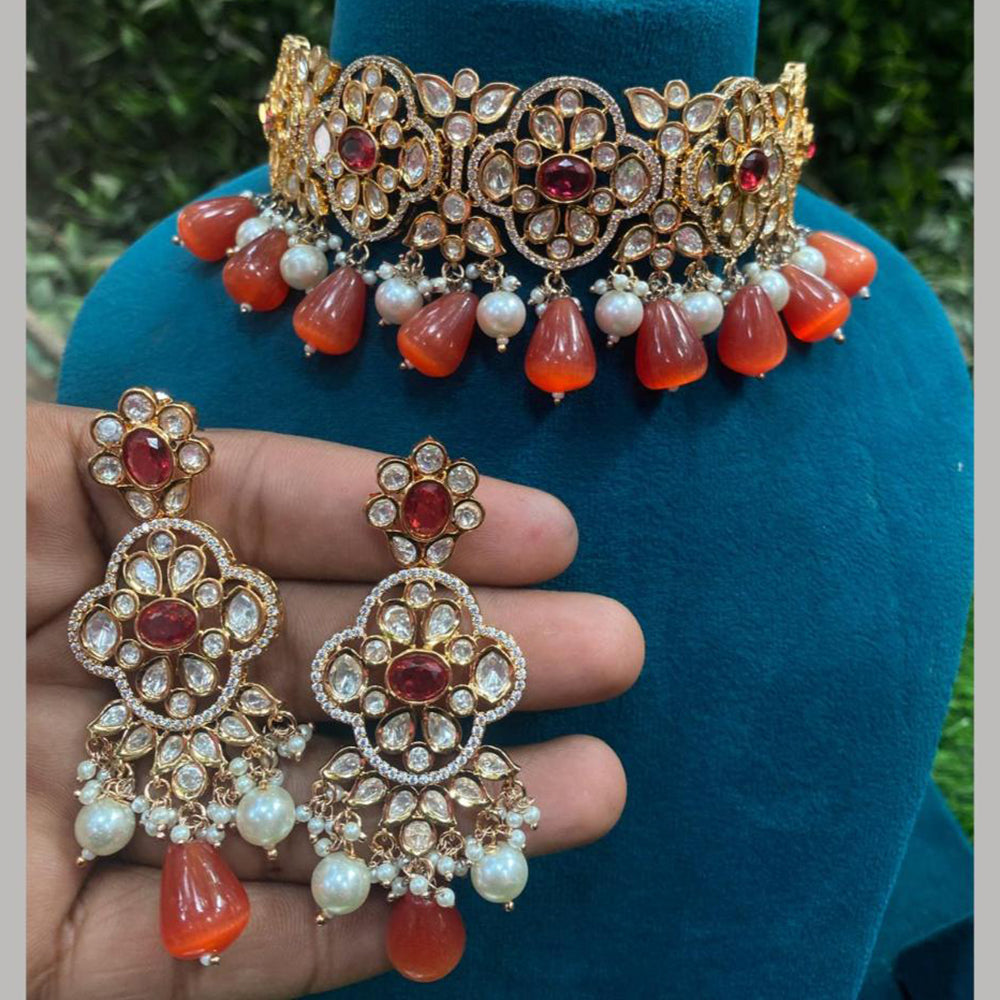 Amoliya Jewels Gold Plated Polki Kundan And Pearls Choker Necklace Set