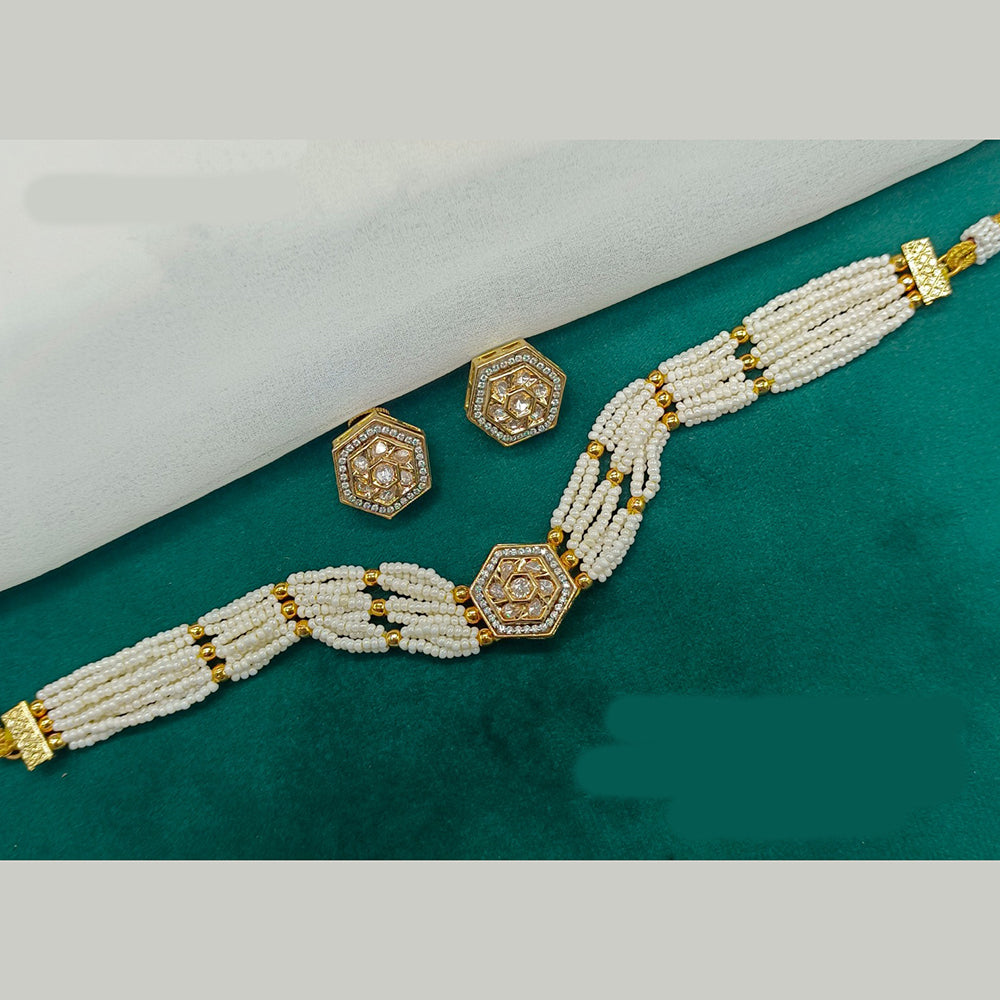 Amoliya Jewels Gold Plated Polki Kundan Stone And Pearl Choker Necklace Set