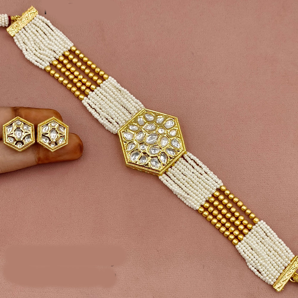 Amoliya Jewels Gold Plated Pota Stone And Pearl Choker Necklace Set