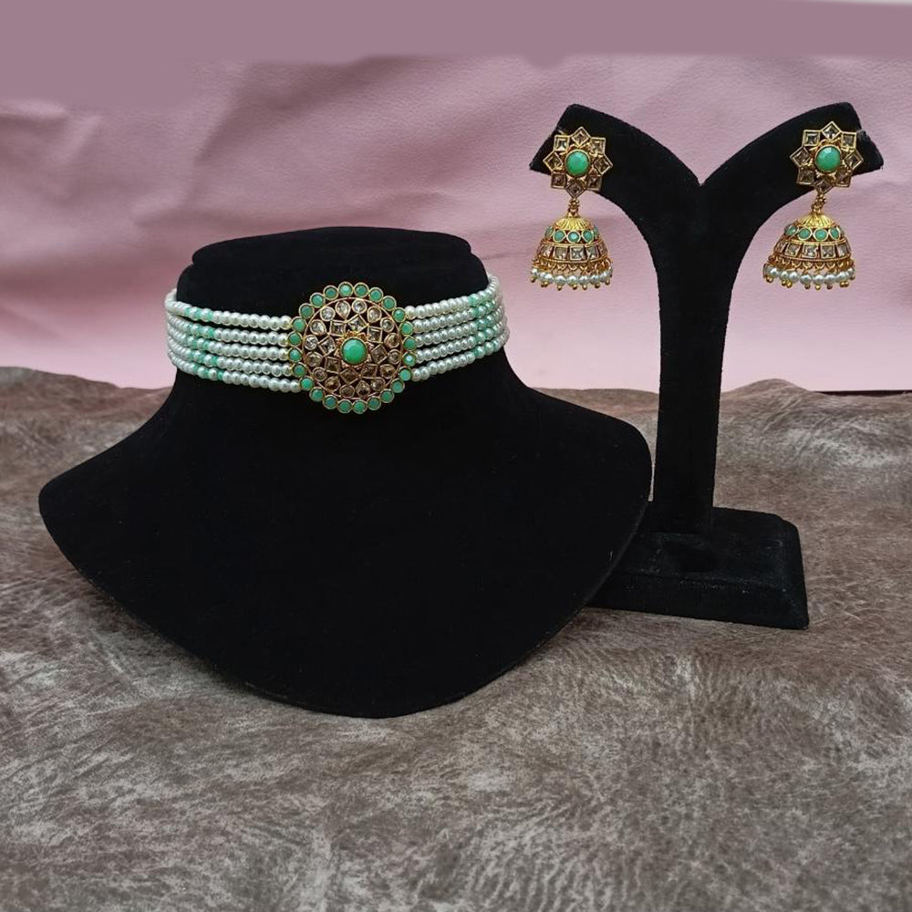 Amoliya Jewels Gold Plated Glamorous Crystal And Pearl Choker Necklace Set