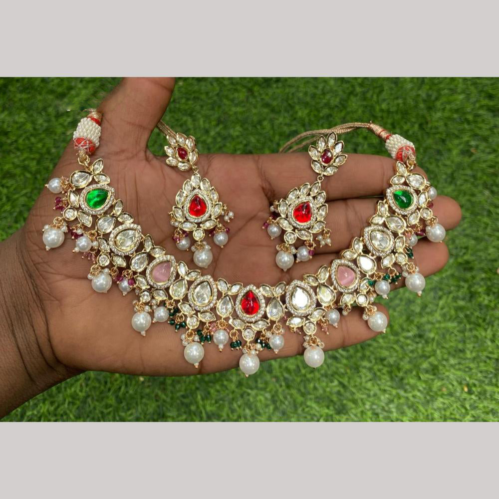 Amoliya Jewels Gold Plated Polki Kundan Pearl And Beads Necklace Set