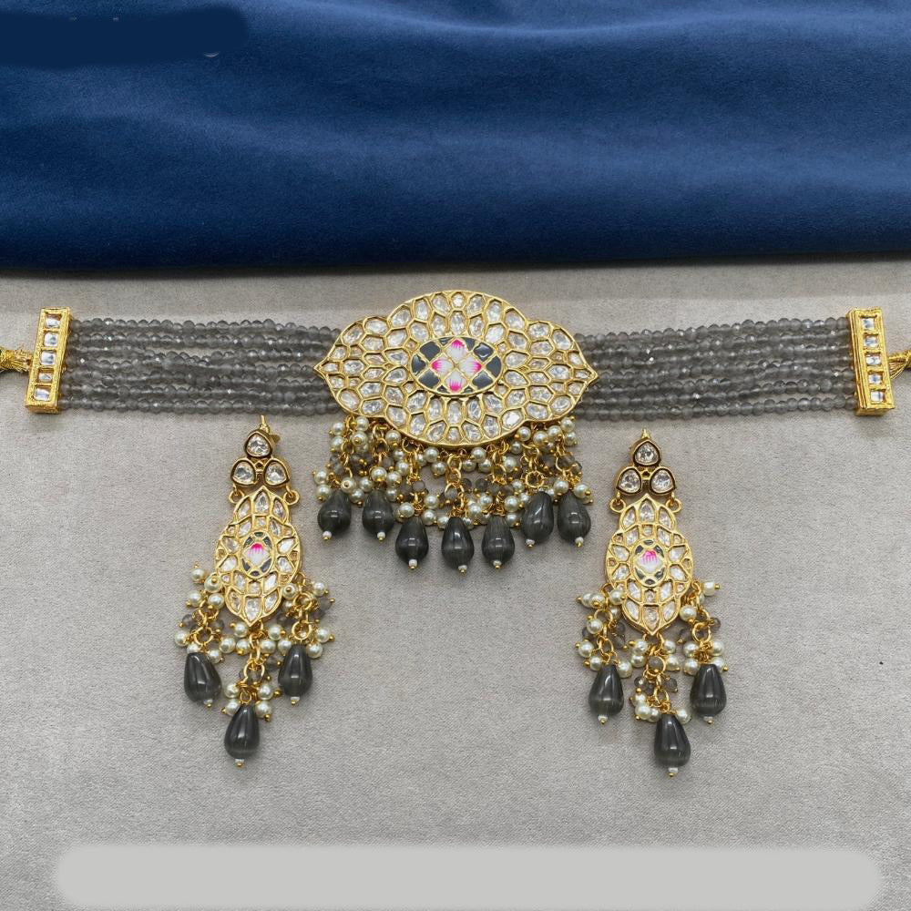 Amoliya Jewels Gold Plated Polki Kundan And Beads Meenakari Choker Necklace Set