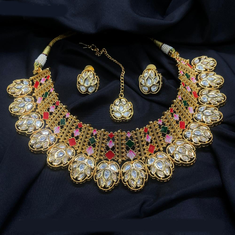 Amoliya Jewels Gold Plated Polki Kundan And Beads Meenakari Choker Necklace Set