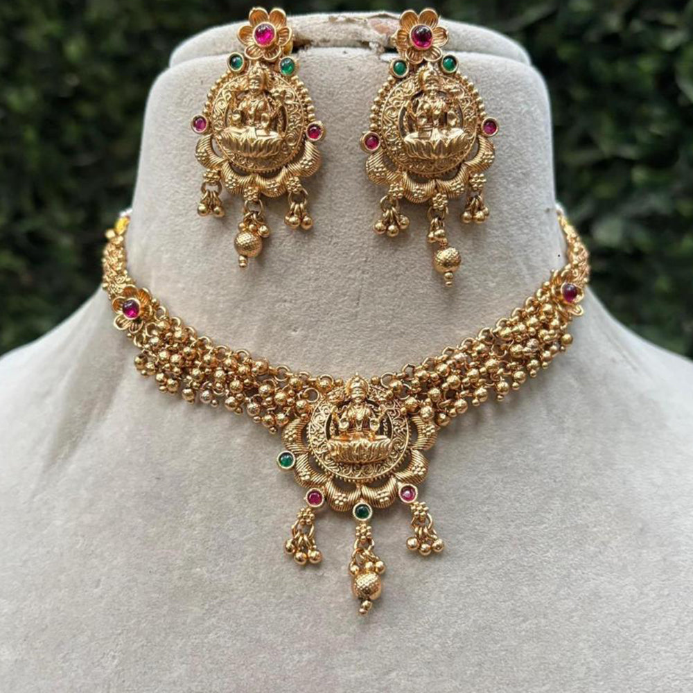 Amoliya Jewels Gold Plated Pota Stone And Pearl Temple Necklace Set