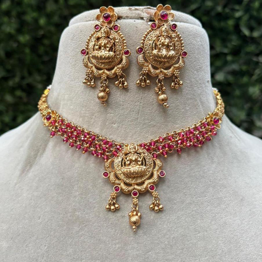 Amoliya Jewels Gold Plated Pota Stone And Pearl Temple Necklace Set