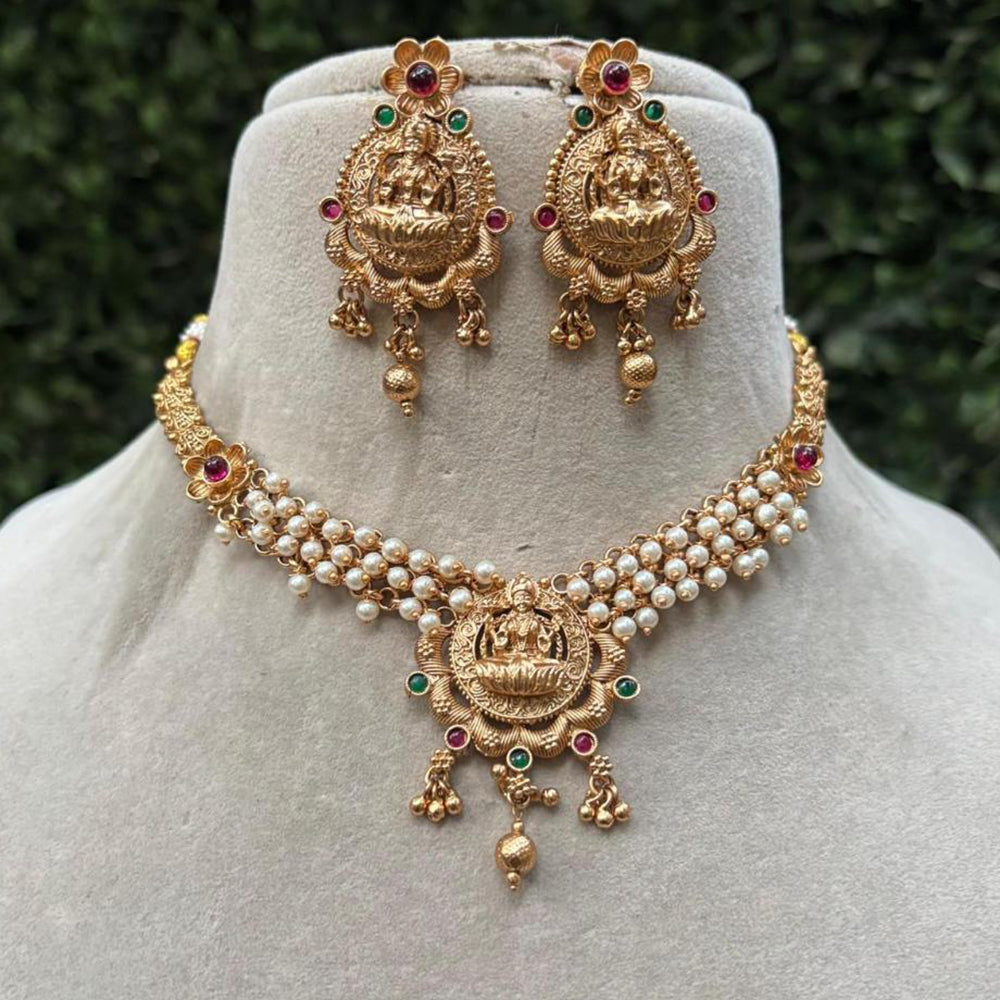 Amoliya Jewels Gold Plated Pota Stone And Pearl Temple Necklace Set