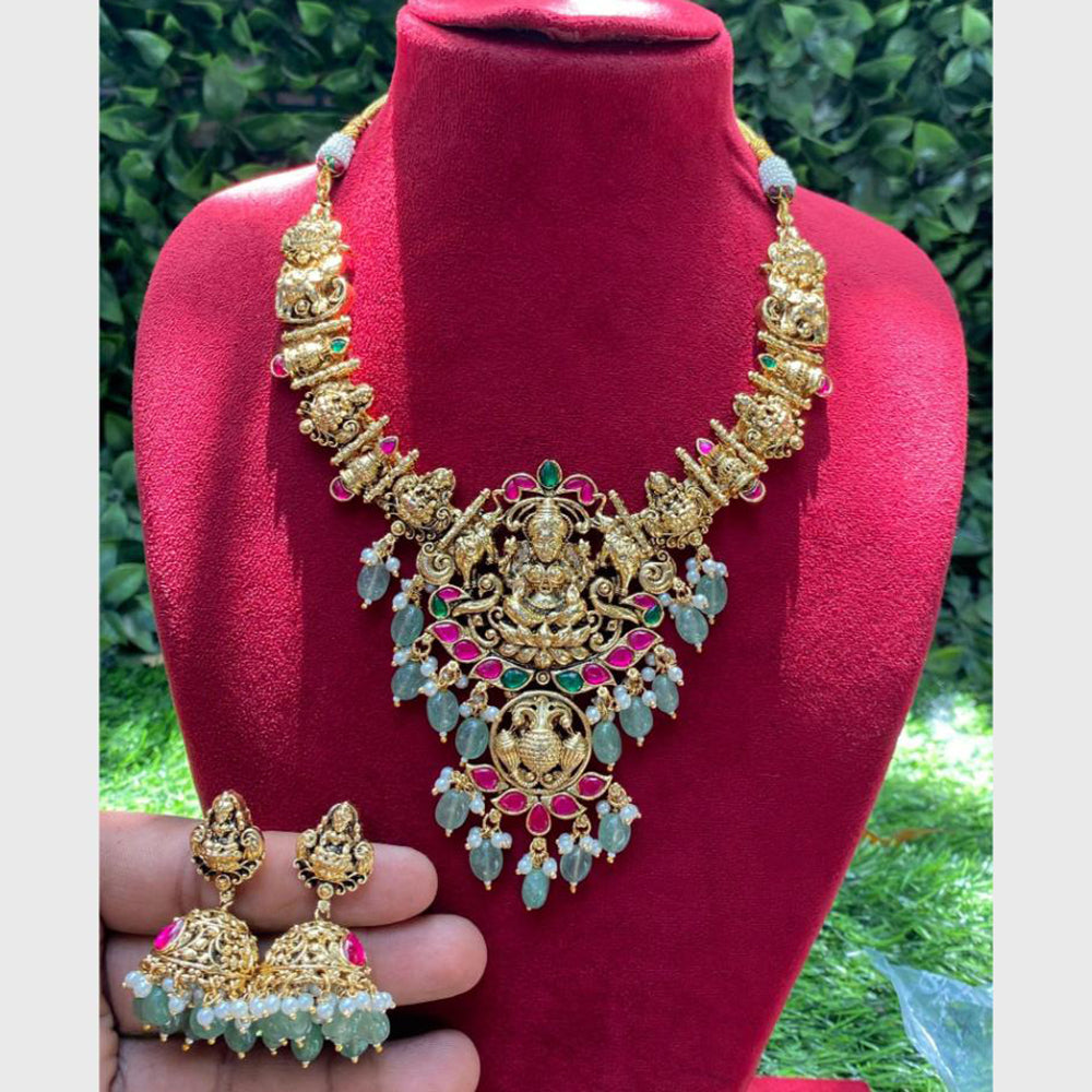 Amoliya Jewels Gold Plated  Pota And Temple Pearls Necklace Set