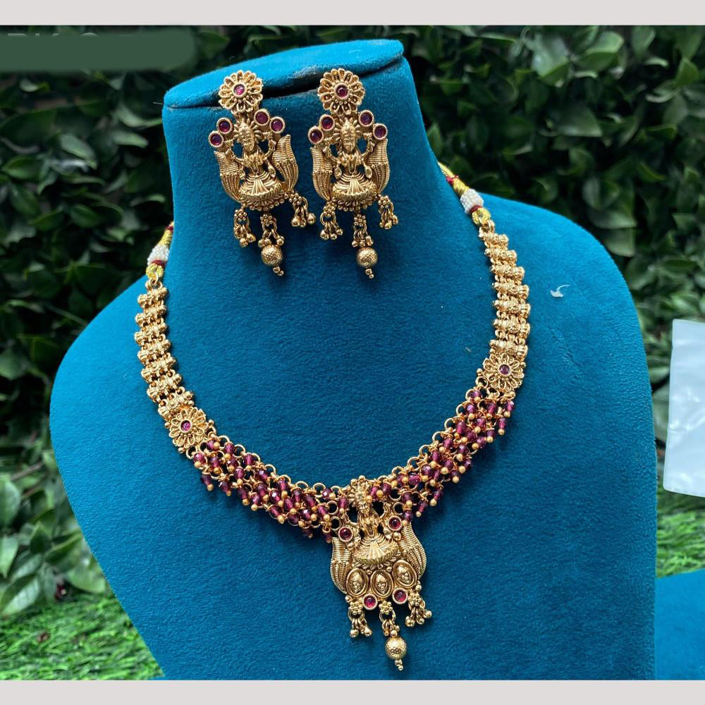 Amoliya Jewels Gold Plated Pota Stone And Beads Temple Necklace Set