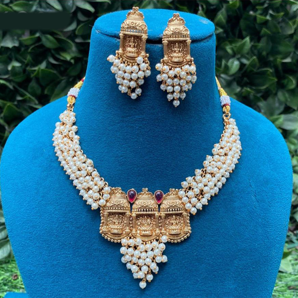 Amoliya Jewels Gold Plated Pota Stone And Pearls Temple Necklace Set