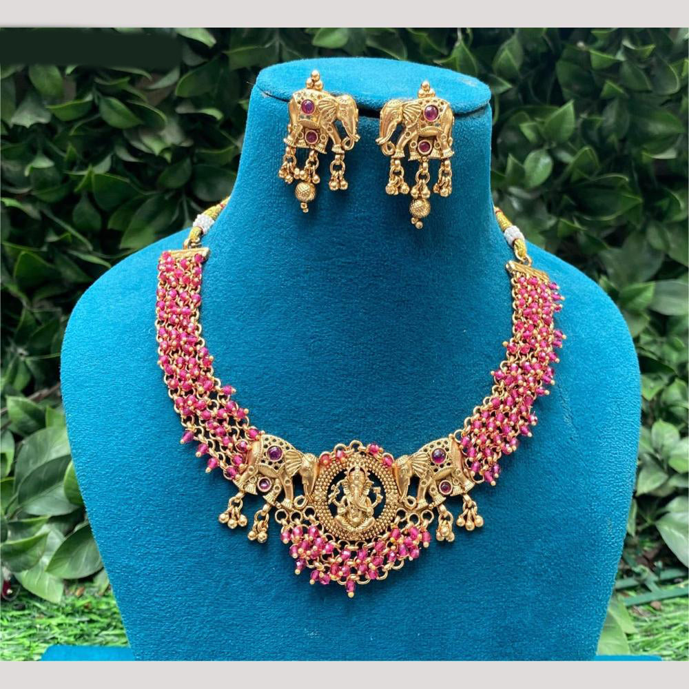 Amoliya Jewels Gold Plated Pota Stone And Beads Temple Necklace Set